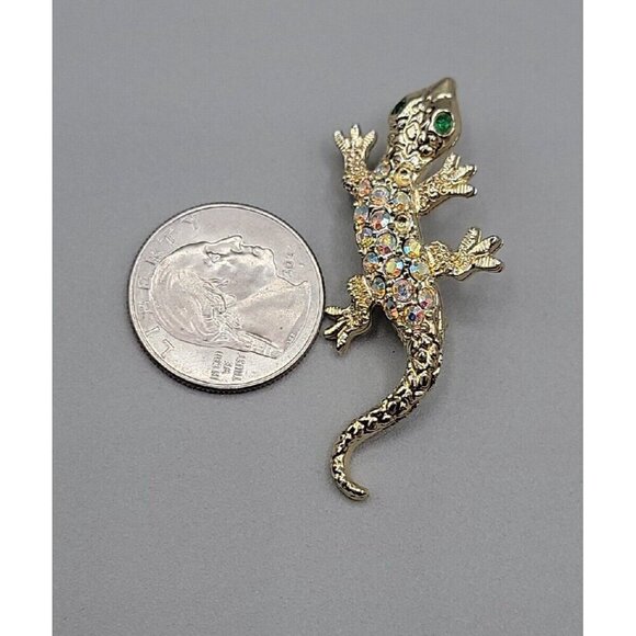 Vintage Gecko Lizard Brooch Pins Aurora Boreal Rhinestones Gold Tone Green Eyes - Picture 9 of 9